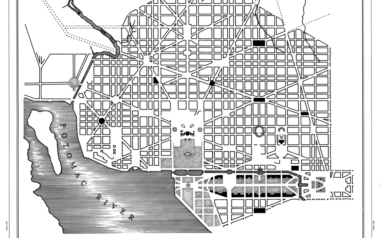 The The L'Enfant plan street grid and monument axis of Washington, D.C.